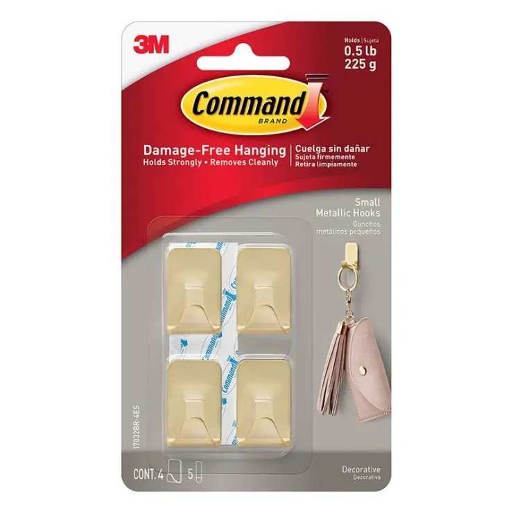 Picture of คอมมานด์ 3M ตะขอเมทัลลิค 17032BR-4ES Command™ Small Metallic Hooks, Brass Color, 4 Hooks, 5 Strips